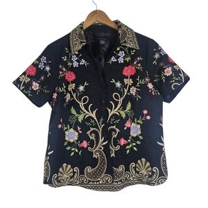 Silk Land 100% Silk Floral Paisley Embroidered Short Sleeve Jacket Top Black, 12